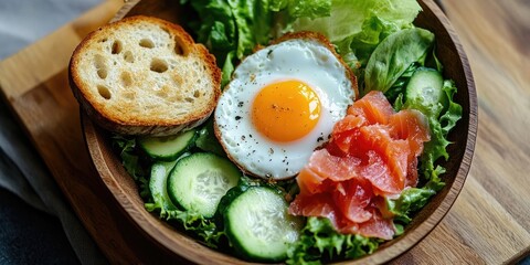 Healthy breakfast bowl with salted salmon fresh greens sliced cucumbers and a fried egg on rustic wooden table top view with warm tones