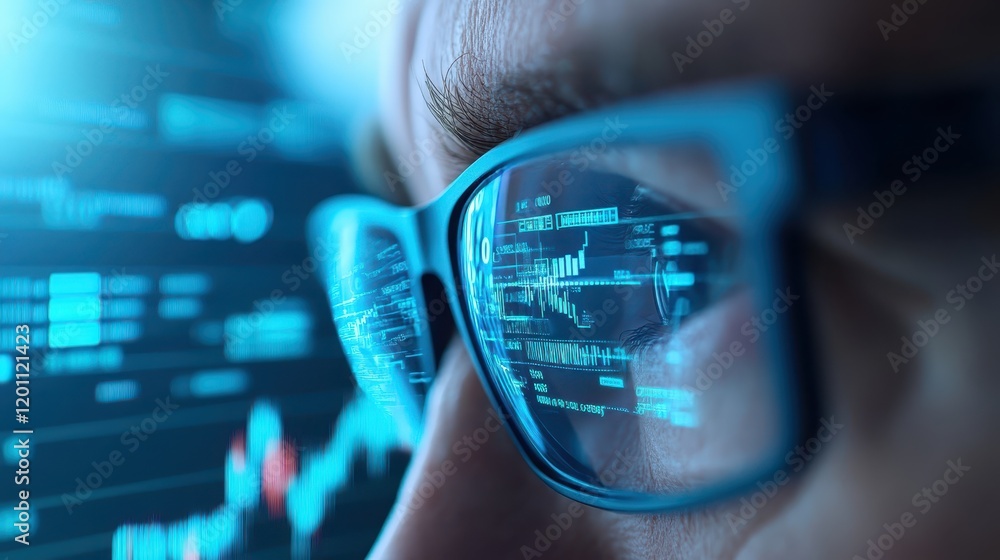 Poster man in glasses focused on computer screen, working remotely in home office with technology