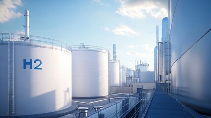 Obraz premium Massive industrial cylindrical storage tanks in pristine white, interconnected system, blue hydrogen symbol H2 prominently displayed, modern clean energy facility, volumetric lighting, bright azure