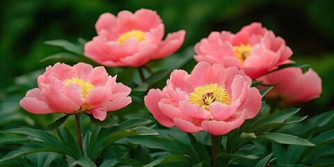 Obraz premium Pink peony flowers in full bloom with yellow centers surrounded by lush green leaves against a blurred natural background showcasing vibrant colors.