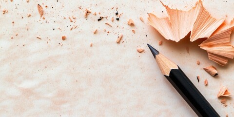 Black pencil with sharpened tip and peach wood shavings on textured beige background ample space for text suggestions and ideas about problem solving