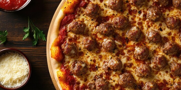 Sizzling pizza topped with meatballs and cheese on a wooden table with tomato sauce and grated cheese in bowls, ample space for text and designs