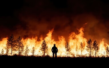 Obraz premium A firefighter silhouetted against a blazing wildfire in a dense forest, heavy smoke swirling, emphasizing bravery amidst chaos