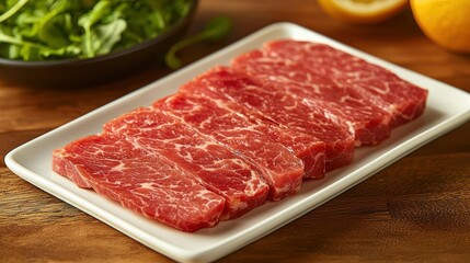 Fototapeta premium Sliced beef, ready for grilling, kitchen setting