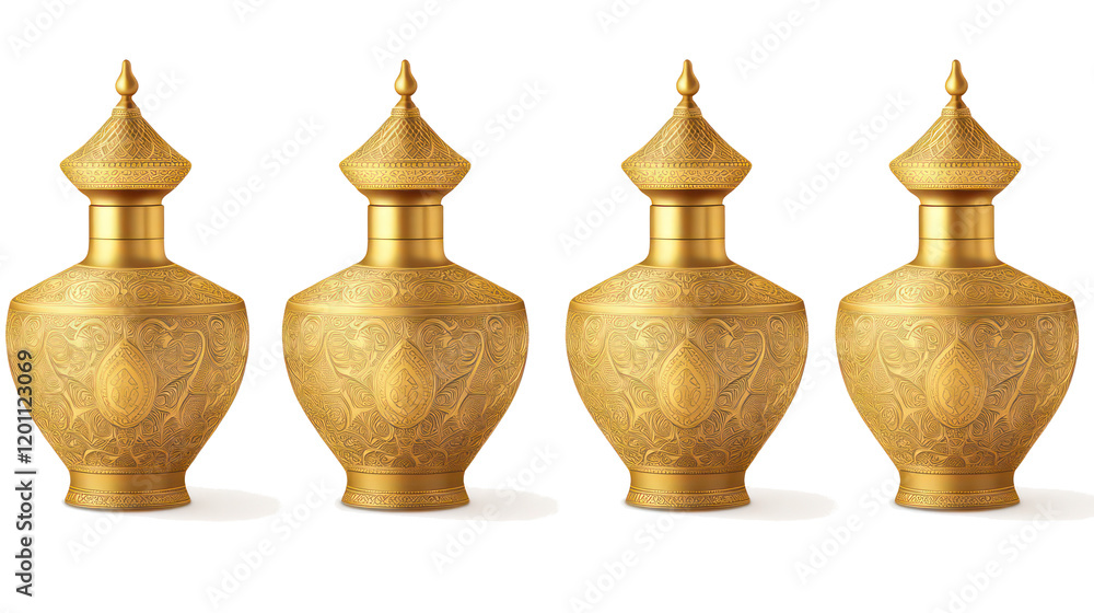 Poster decorative empty fragrance containers in golden design generative ai