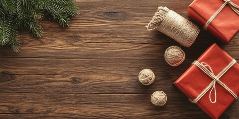 Fototapeta premium Festive red gift boxes tied with twine, arranged with twine rolls and a spruce branch on a rustic wooden surface, ample copy space on the right.