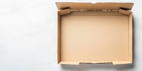 Opened cardboard pizza box positioned centrally on a white background with beige tones, highlighting space for food delivery marketing.