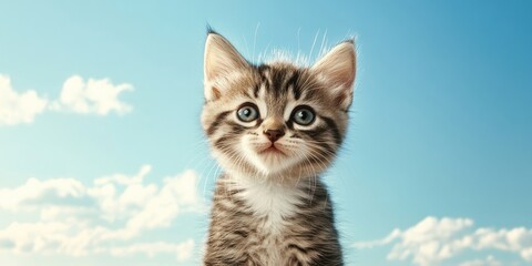 Obraz premium Fluffy gray and white tabby kitten with large blue eyes gazing at viewer against a bright blue sky and soft white clouds ample copy space