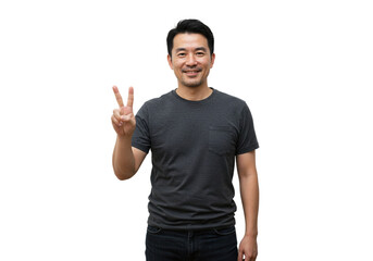Naklejka premium Smiling Asian Man Shows Peace Sign Happy Gesture Studio Shot two hand male model black adult jeans 