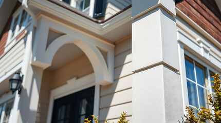 Obraz premium Elegant Home Exterior: Modern Architecture and Classic Design. Discover the beauty of this residential structure with its stunning facade, columns, and exquisite details.