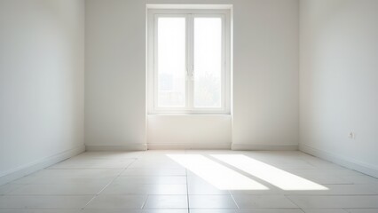 A serene white room bathed in light, featuring horizontal white tile floors. A framed window with two-paneled glass invites tranquility indoors