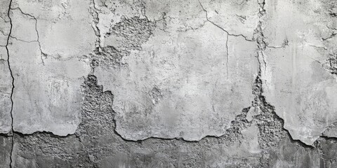 Obraz premium Cracked gray and white mortar wall texture with rough patches and visible fissures creating an aged concrete background for various designs