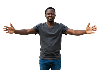 Fototapeta premium Happy Smiling Man Open Arms Welcoming Gesture Friendly Embrace Black Background Studio Portrait Male