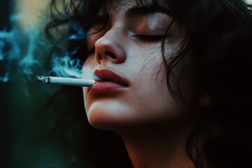 Obraz premium moody portrait of a young woman smoking a cigarette with eyes closed