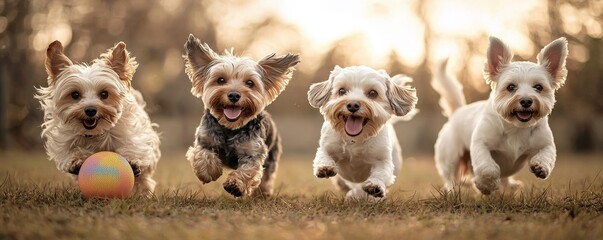 Obraz premium Four playful dogs run joyfully in a sunlit field, showcasing their energy and happiness while chasing a colorful ball.