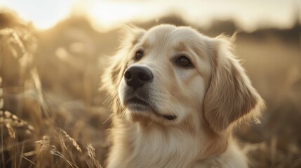 Obraz premium Golden Retriever dog in a field at sunset.