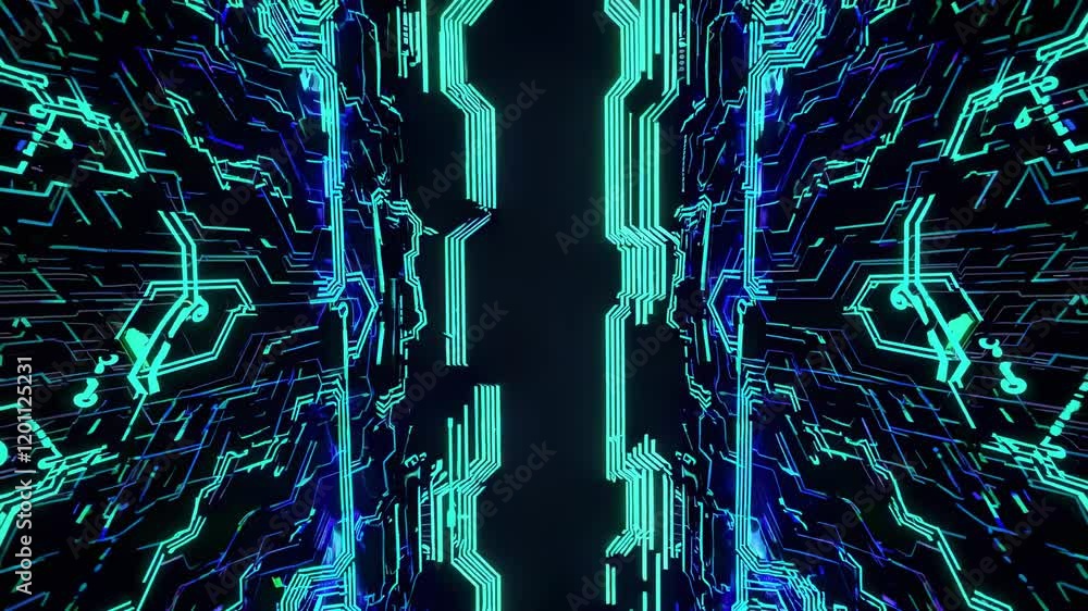 Poster explore an abstract digital realm with glowing circuitry and vibrant colors