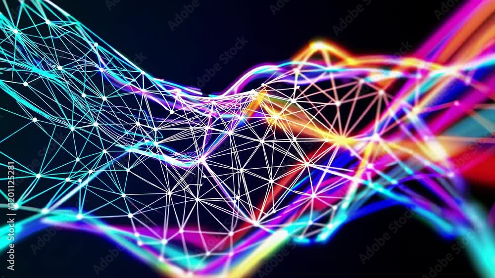 Poster Dynamic digital wave animation showcasing colorful light patterns and geometric shapes flowing smoothly through virtual space