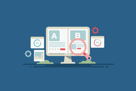 Content performance, A/B testing with advertising campaign, business intelligence data analytics. Vector illustration. 