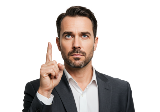 Confident Businessman Serious Idea Portrait Studio Shot Suit Dark Male Focus Image Finger Formal    