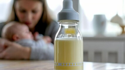 Baby Bottles With Milk Close Up. Bottles with breast milk on the background of mother holding in hands and breastfeeding her infant child. Maternity. Feeding, nurturing. Healthy food for newborn