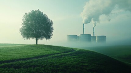 Perfect symmetrical tree on grassy knoll, misty power plant silhouette below, cylindrical storage tanks, billowing white smoke plume, environmental contrast imagery, morning dew atmosphere, cinematic