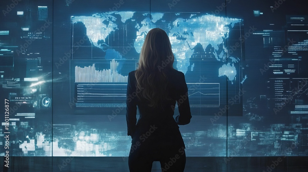 Poster woman viewing large digital display with charts and world map.