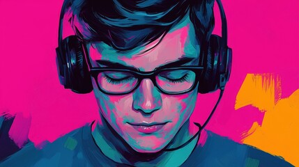 Close-up of a young customer support agent with a friendly smile, headset microphone in place, surrounded by a vibrant office atmosphere