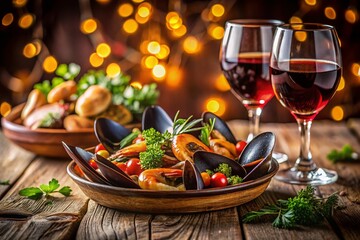 Gourmet Seafood Indulgence: Shrimp, Mussels & Fine Wine Bokeh Photography