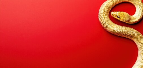 Coiled golden snake with intricate scales shining against a vibrant red background, symbolizing luxury and power