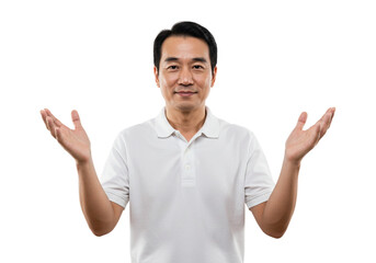 Fototapeta premium Smiling Asian Man Presenting Product White Shirt Studio Background copy male face model hands happy 