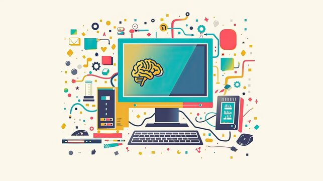 A retro computer with an old monitor, keyboard, and mouse is depicted in a flat design style with bright colors