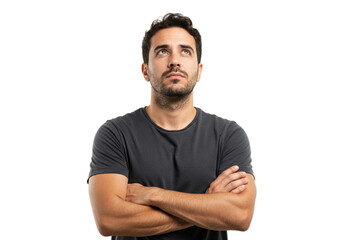 Fototapeta premium Thoughtful Man Portrait Studio Shot Dark Background Hopeful up guy male arms face mood model black 