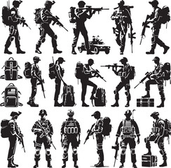 Black Color American soldiers with guns and backpacks Silhouette Vector