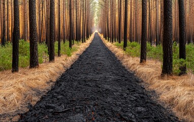 Dramatic forest landscape with a firebreak line, charred ground juxtaposed against untouched greenery, symbolizing human intervention in wildfire control