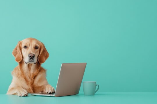 Golden retriever dog using laptop computer at desk with coffee mug