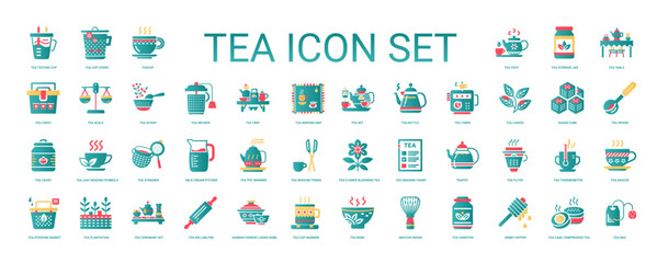 Fototapeta premium tea set flat icons, scoop infuser mat tray