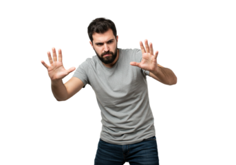 Serious Man Gesturing Stop Hands Up Grey TShirt Studio Male Fear Adult Human Black Image Photo      