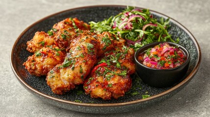 Fototapeta premium Spicy chicken tenders, salad, salsa, grey stone