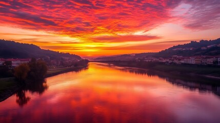 Naklejka premium Fiery River Sunrise: A Breathtaking Panorama