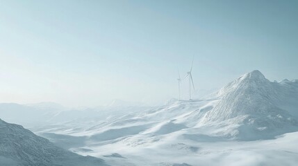 Wind farm gracefully positioned on frost-covered elevation, sustainable energy panorama, winter mountain vista, clear cerulean sky, monochromatic landscape photography, clean lines, environmental