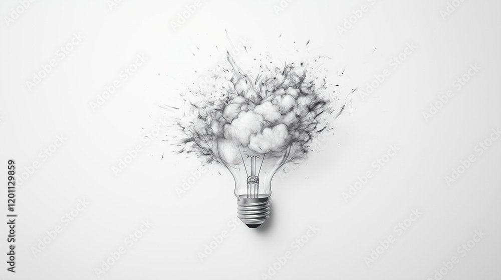 Poster brainstorming burst: an abstract sketch of a lightbulb exploding with interconnected ideas, symboliz