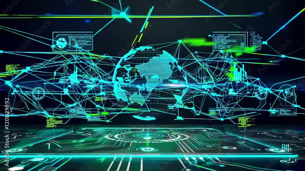 Poster Exploring the future of technology with a digital representation of global connectivity and data flow. FVX, HUD, FUI style.