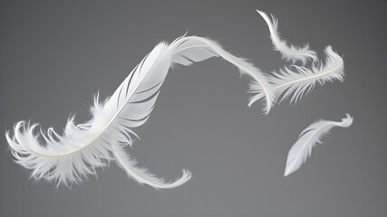 Fototapeta premium White feathers flying on gray background. Generative AI