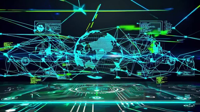 Exploring the future of technology with a digital representation of global connectivity and data flow. FVX, HUD, FUI style.