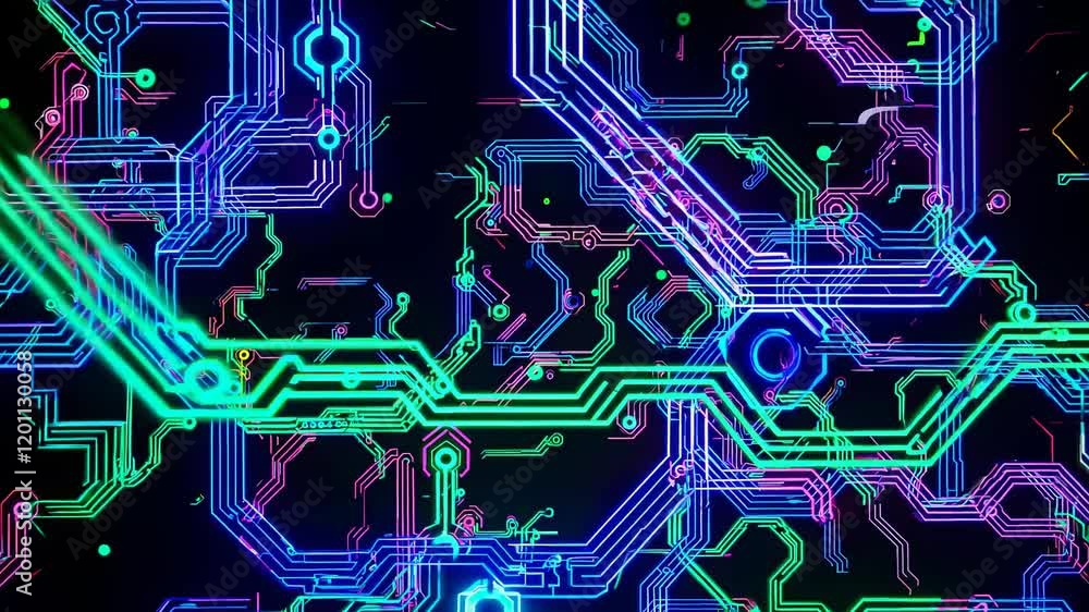 Poster digital circuit design presentation showcasing vibrant graphics and intricate patterns in a tech env