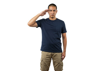 Fototapeta premium Man Saluting Military Style Portrait Studio Shot Dark Background Male Navy Blue Pose Honor Adult 