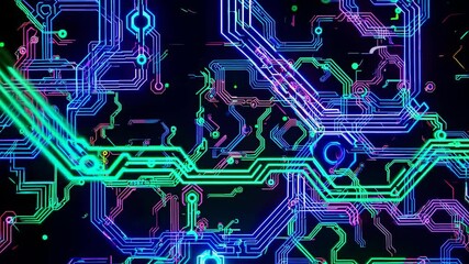 Digital circuit design presentation showcasing vibrant graphics and intricate patterns in a tech environment