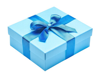 Elegant blue gift box with bow on top, isolated on transparent cutout background