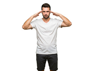 Fototapeta premium Man Saluting Serious Expression White TShirt Casual Studio Portrait Background Male Mood Model Young